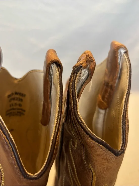 Old West Kids 11.5-D Tan Leather Cowboy Boots with Embroidered Shaft CF8229 - Picture 8 of 10